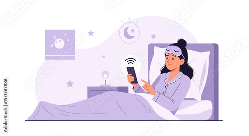 Woman In Pajamas Using Mobile Phone In Bed At Night Before Sleeping