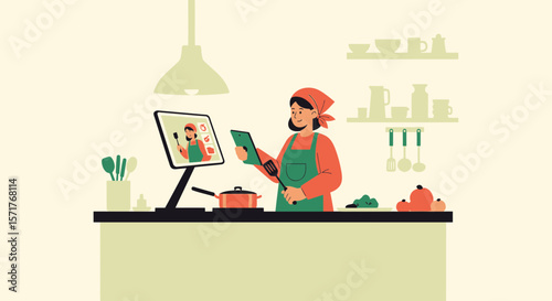 Woman Learning Culinary Arts Online Watching Cooking Tutorials In The Kitchen