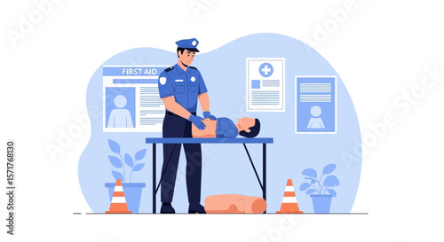 Police Officer Practicing Cardiopulmonary Resuscitation on a Training Manikin in First Aid Class
