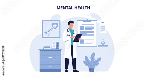 Doctor Checks Medical Record For Mental Health In Hospital Flat Illustration
