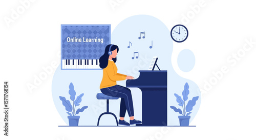 Woman Learning Piano Online Home Creative Music Education Concept