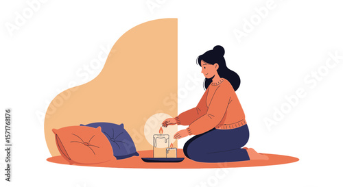 Woman Lighting Candles At Home For Relaxation And Creating Cozy Atmosphere