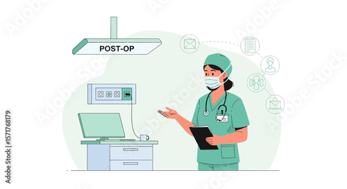 Post Operation Care Assistant Discussing Patient Information With Communication Icons