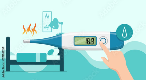 High Fever Alert Check Temperature Person Lying In Bed Under Blanket Cartoon Design