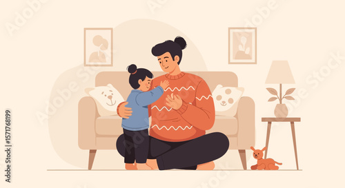 Heartwarming Scene Of A Parent And Child Embracing At Home Together