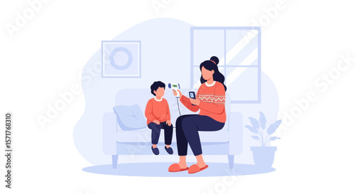 Woman Measuring Child's Temperature With Digital Thermometer At Home Flat Illustration