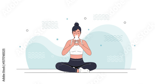 Woman Meditating And Smelling Aroma Therapy In Lotus Position Illustration