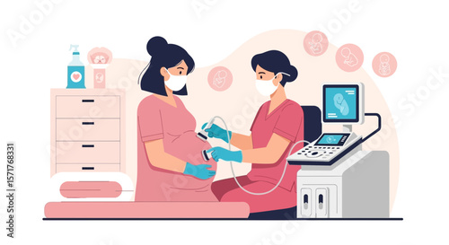 Pregnant Woman Getting Ultrasound Checkup With Mask During Covid Pandemic