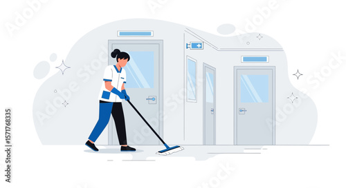 Hospital Cleaning Crew Sweeping Corridor Promoting Hygiene And Infection Control