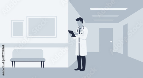 Doctor Consulting Digital Tablet In Clinic Hallway Modern Healthcare System