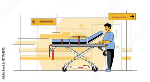 Hospital Patient Transportation Staff Pushing Stretcher Through Hallway With Directional Signs