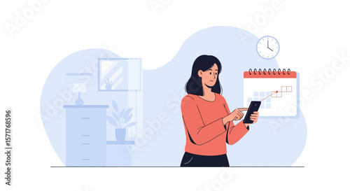 Woman Planning Events Using Smartphone Application For Effective Time Management