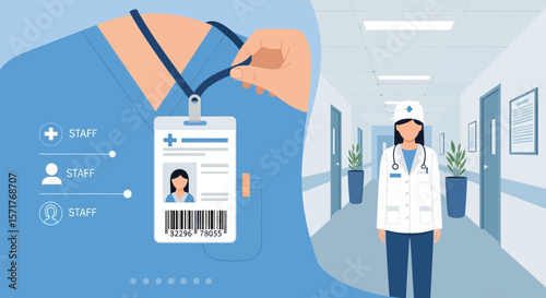 Hospital Staff Healthcare Professional Identification Badge And Female Doctor In Clinic Hallway
