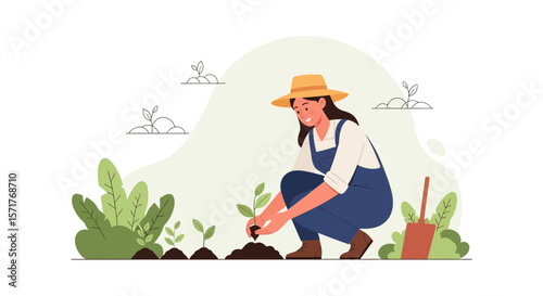 Woman Planting Seedlings In The Garden With A Straw Hat And Overall