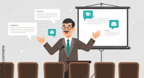 Presentation Meeting With Coach, Projector, Speech Bubbles And Audience