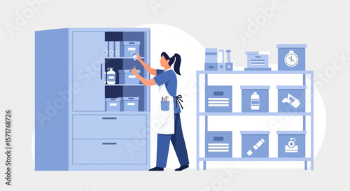 Hospital Staff Organizing Supply Cabinet In Clinic Storage Room