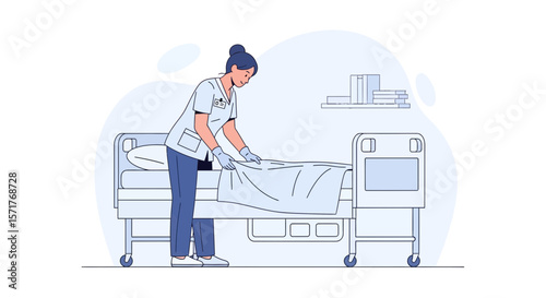 Hospital Staff Preparing A Patient Bed During Her Work In The Clinic