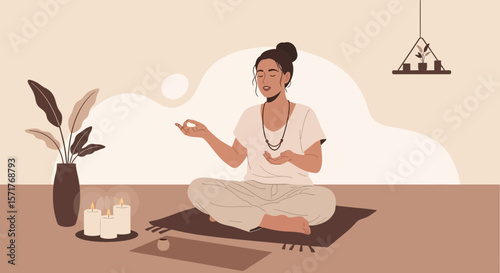 Woman Practicing Meditation And Mindfulness In Her Living Room At Home