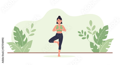 Woman Practicing Tree Pose In Peaceful Nature Scene for Wellness Lifestyle
