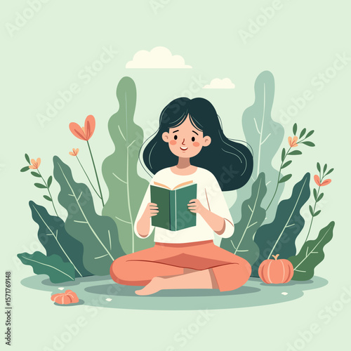 Young woman sitting on the ground reading a book surrounded by plants and pumpkins