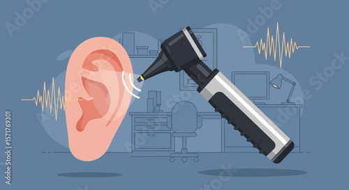 Illustration Of Otolaryngology Clinic Ear Exam With Otoscope Tool