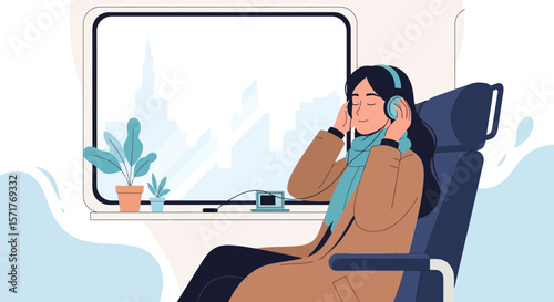 Woman Relaxing On Train Journey Listening To Music Through Headphones