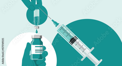Illustration Of Vaccine Preparation In Laboratory With Hand And Syringe