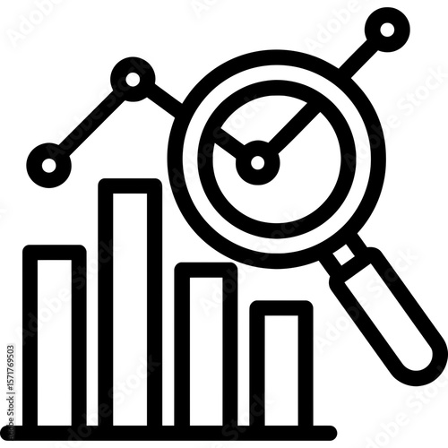 Data analysis magnifying glass over chart outline icon vector