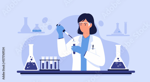 Woman Scientist In Laboratory Pipetting Fluid Into Test Tube Cartoon Illustration