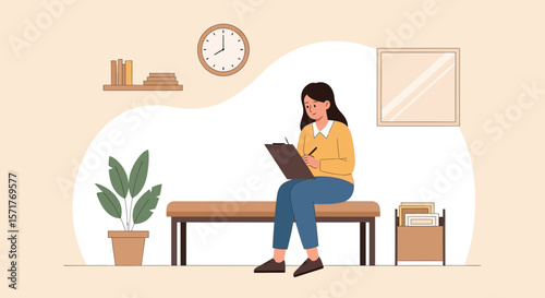 Woman Sits On Bench Taking Notes In Waiting Room With Plant And Wall Art