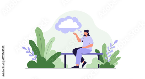 Woman Sitting On Bench Thinking Of New Ideas Or Creative Thoughts In Nature