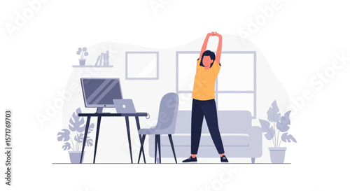Woman Stretching At Home During Workday For Better Physical Health