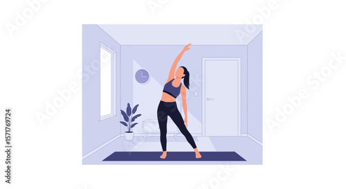 Woman Stretching Doing Lateral Bend Exercise at Home During Morning Workout