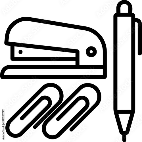 Office supplies stapler, pen, and paperclips outline icon vector