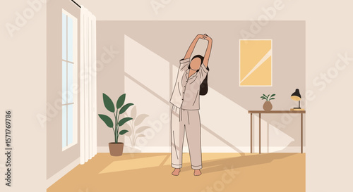 Woman Stretching In Cozy Morning Light Filled Room At Her Home