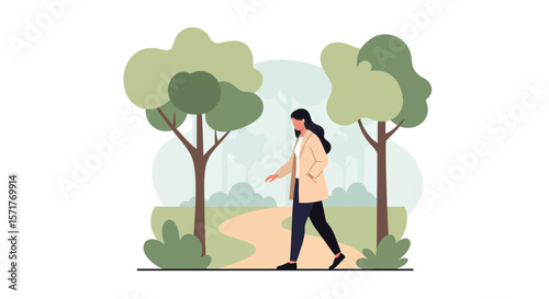 Woman Taking A Leisurely Walk Through A Tranquil Park On A Sunny Day