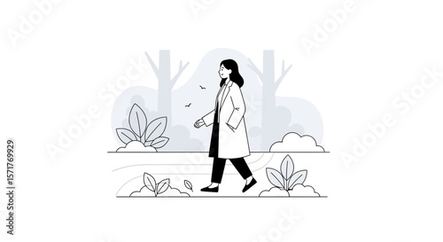 Woman Taking A Stroll In The Park On A Fresh Breezy Morning Outing