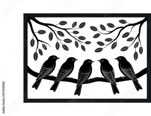 Black framed print featuring five birds perched on a branch with leaves in a decorative style


