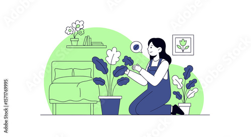 Woman Taking Care Of Houseplants In The Comfort Of Her Home