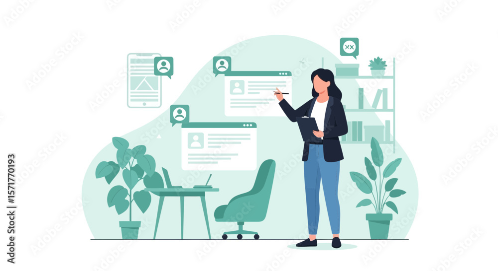 Fototapeta premium Woman Verifying Candidate Profiles For Job Opportunities In Home Office Setting