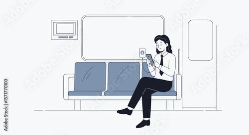 Woman Using Cellphone On Train Commute With City Lifestyle In Minimalist Illustration
