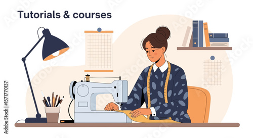 Woman Using A Sewing Machine For Dressmaking At Home Or In Her Workshop