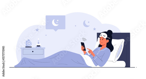 Woman Using Phone Before Sleep Connected To Night Mode Social Media Apps