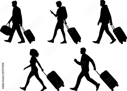 Silhouettes of people traveling with luggage, including suitcases and duffel bags on a white background


