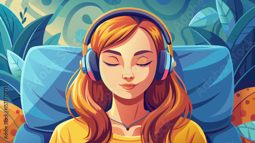 A peaceful young adult female, appearing serene, relaxes with eyes closed, wearing headphones and enjoying music or an audiobook on a sofa