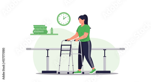 Woman Using Walker For Physical Therapy At Rehabilitation Center