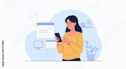 Woman Using Smartphone With Calendar And Finance Chart For Work Planning And Scheduling