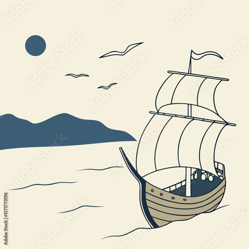 Vintage ship sailing on calm sea with mountains and birds in sky  
