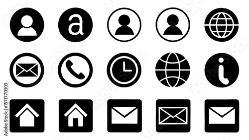 Collection of common black and white icons for communication and information on a white background