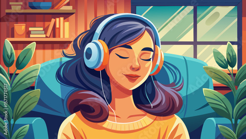 A peaceful young adult female, appearing serene, relaxes with eyes closed, wearing headphones and enjoying music or an audiobook on a sofa